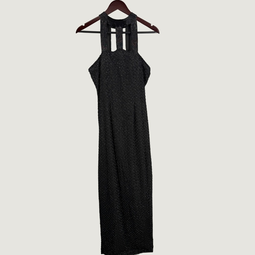 VTG Hi Fashions of California Maxi Dress Small Black Beaded Silk Evening Gown